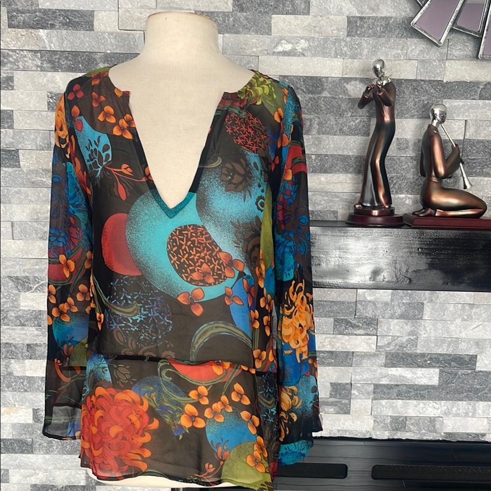 Chico's Silk Long Bell Sleeve, Womens Top/ Cover Up Plus Sz 0 Multicolor Floral